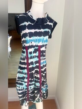 Aimee Printed Top in Black, Turquoise & Coral Tag Accent